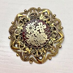 Vintage Signed Freirich Brooch Gold Filigree Dark Red Enamel Floral Pin